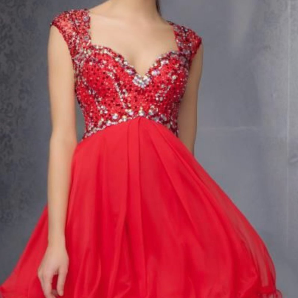 Mori Lee Short Red Dress with Jewels and Beading